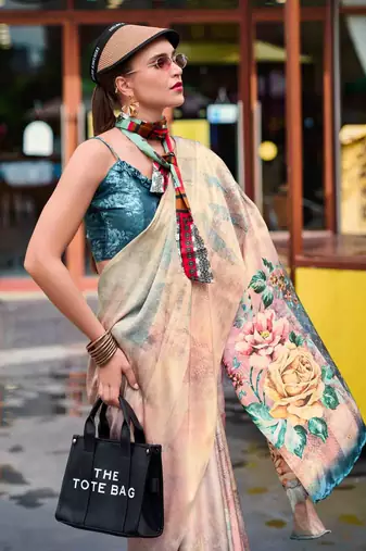 beige satin print saree with unstitched blouse piece