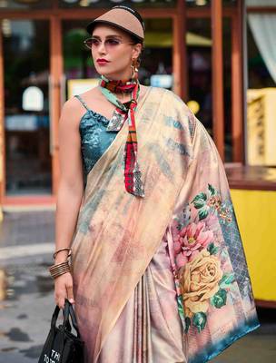 beige satin print saree with unstitched blouse piece 4
