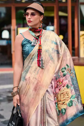 beige satin print saree with unstitched blouse piece