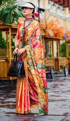 orange satin print saree with unstitched blouse piece 1