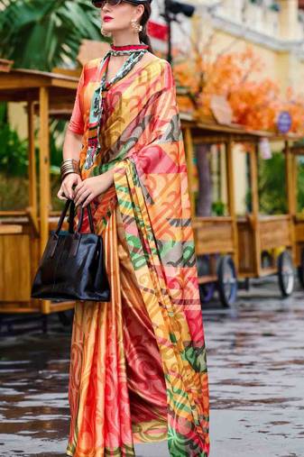 orange satin print saree with unstitched blouse piece