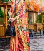 orange satin print saree with unstitched blouse piece