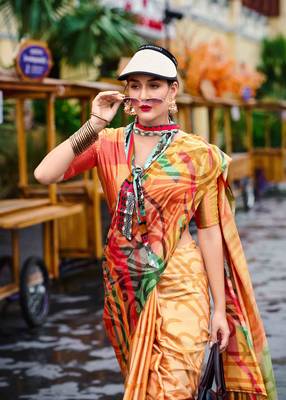 orange satin print saree with unstitched blouse piece 2