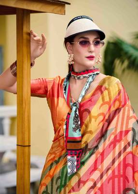 orange satin print saree with unstitched blouse piece 3