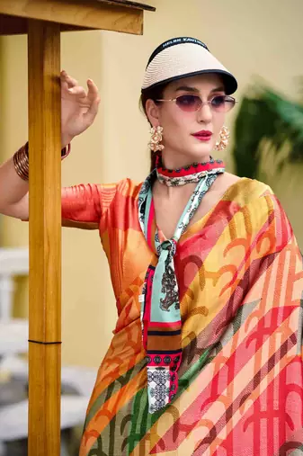 orange satin print saree with unstitched blouse piece