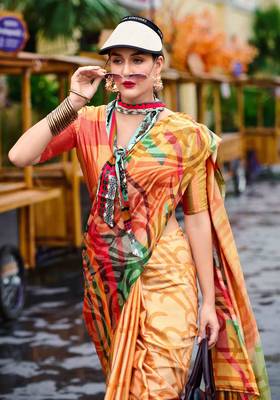 orange satin print saree with unstitched blouse piece 4