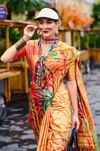 orange satin print saree with unstitched blouse piece