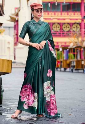 teal satin print saree with unstitched blouse piece 1