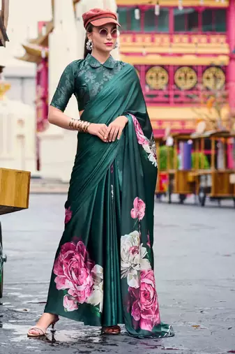 teal satin print saree with unstitched blouse piece