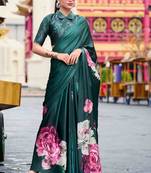 teal satin print saree with unstitched blouse piece