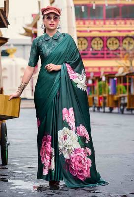 teal satin print saree with unstitched blouse piece 2