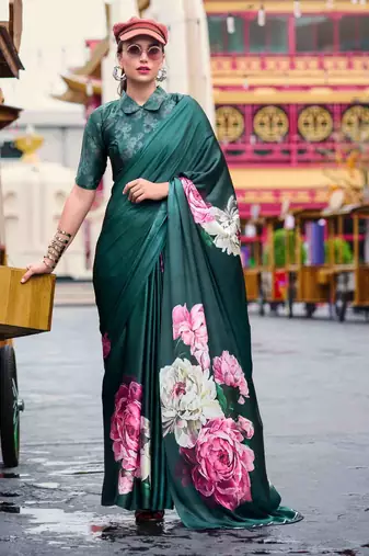 teal satin print saree with unstitched blouse piece