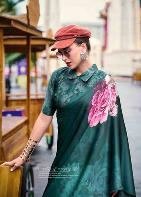 teal satin print saree with unstitched blouse piece 3