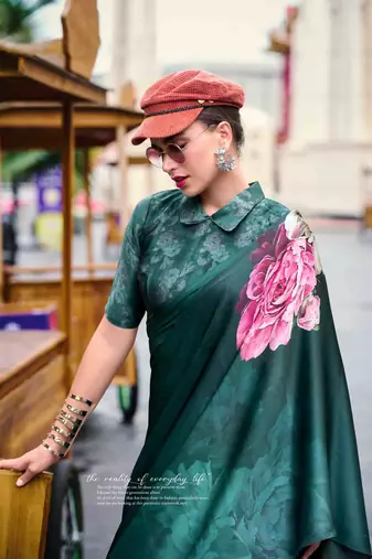 teal satin print saree with unstitched blouse piece