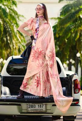 peach satin print saree with unstitched blouse piece 1