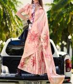 peach satin print saree with unstitched blouse piece