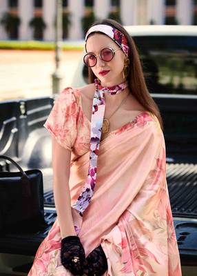 peach satin print saree with unstitched blouse piece 2