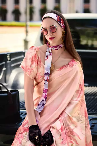 peach satin print saree with unstitched blouse piece
