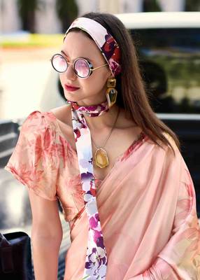 peach satin print saree with unstitched blouse piece 3