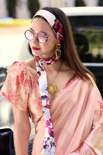 peach satin print saree with unstitched blouse piece