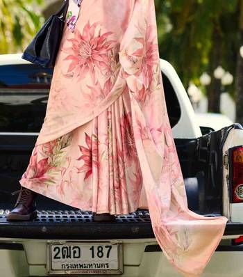 peach satin print saree with unstitched blouse piece 4
