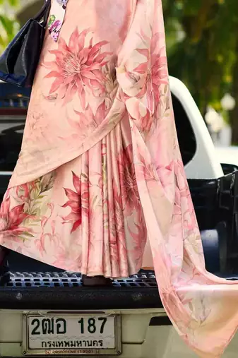 peach satin print saree with unstitched blouse piece