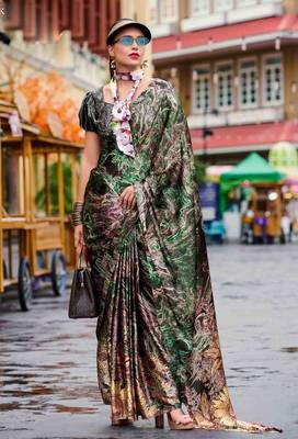 green satin print saree with unstitched blouse piece 1