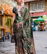 green satin print saree with unstitched blouse piece