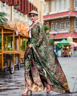 green satin print saree with unstitched blouse piece 2