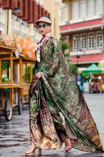 green satin print saree with unstitched blouse piece