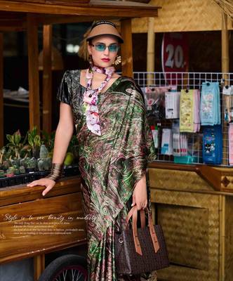 green satin print saree with unstitched blouse piece 3