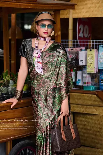 green satin print saree with unstitched blouse piece