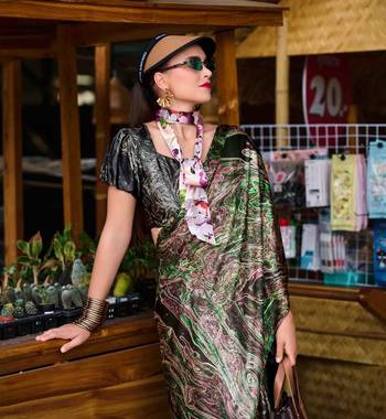 green satin print saree with unstitched blouse piece 4