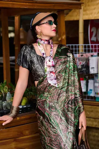 green satin print saree with unstitched blouse piece
