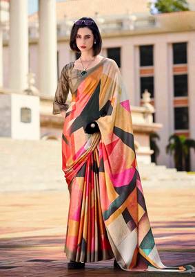 multicolor satin print saree with unstitched blouse piece 1