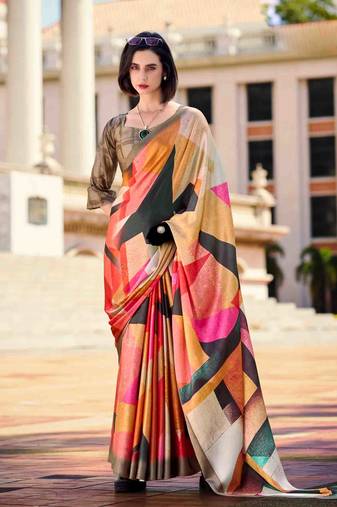 multicolor satin print saree with unstitched blouse piece