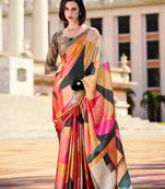 multicolor satin print saree with unstitched blouse piece