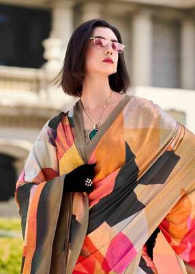 multicolor satin print saree with unstitched blouse piece 2