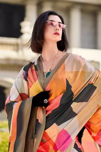 multicolor satin print saree with unstitched blouse piece
