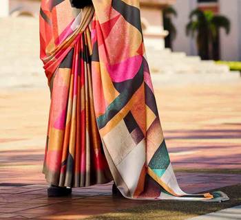 multicolor satin print saree with unstitched blouse piece 3