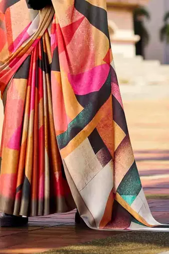 multicolor satin print saree with unstitched blouse piece