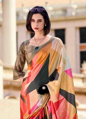 multicolor satin print saree with unstitched blouse piece 4