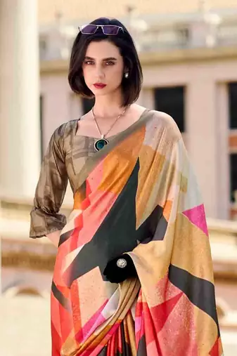 multicolor satin print saree with unstitched blouse piece