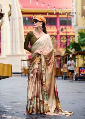 beige satin print saree with unstitched blouse piece 1