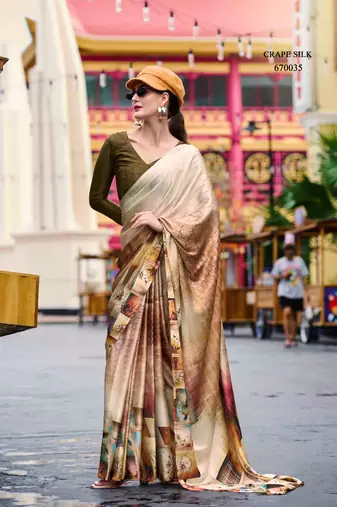 beige satin print saree with unstitched blouse piece