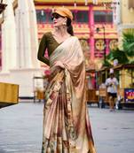 beige satin print saree with unstitched blouse piece
