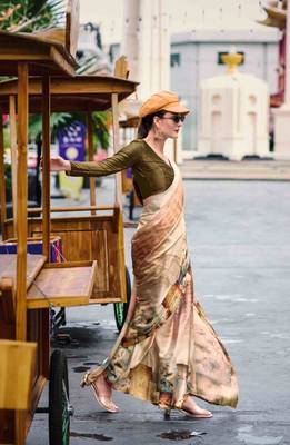 beige satin print saree with unstitched blouse piece 2