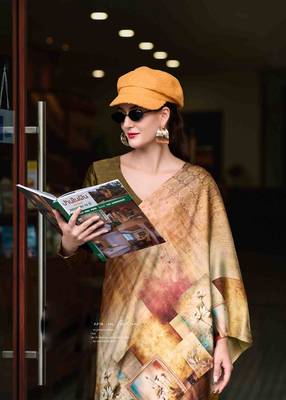 beige satin print saree with unstitched blouse piece 4