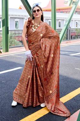 brown satin print saree with unstitched blouse piece 1