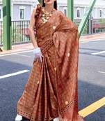 brown satin print saree with unstitched blouse piece